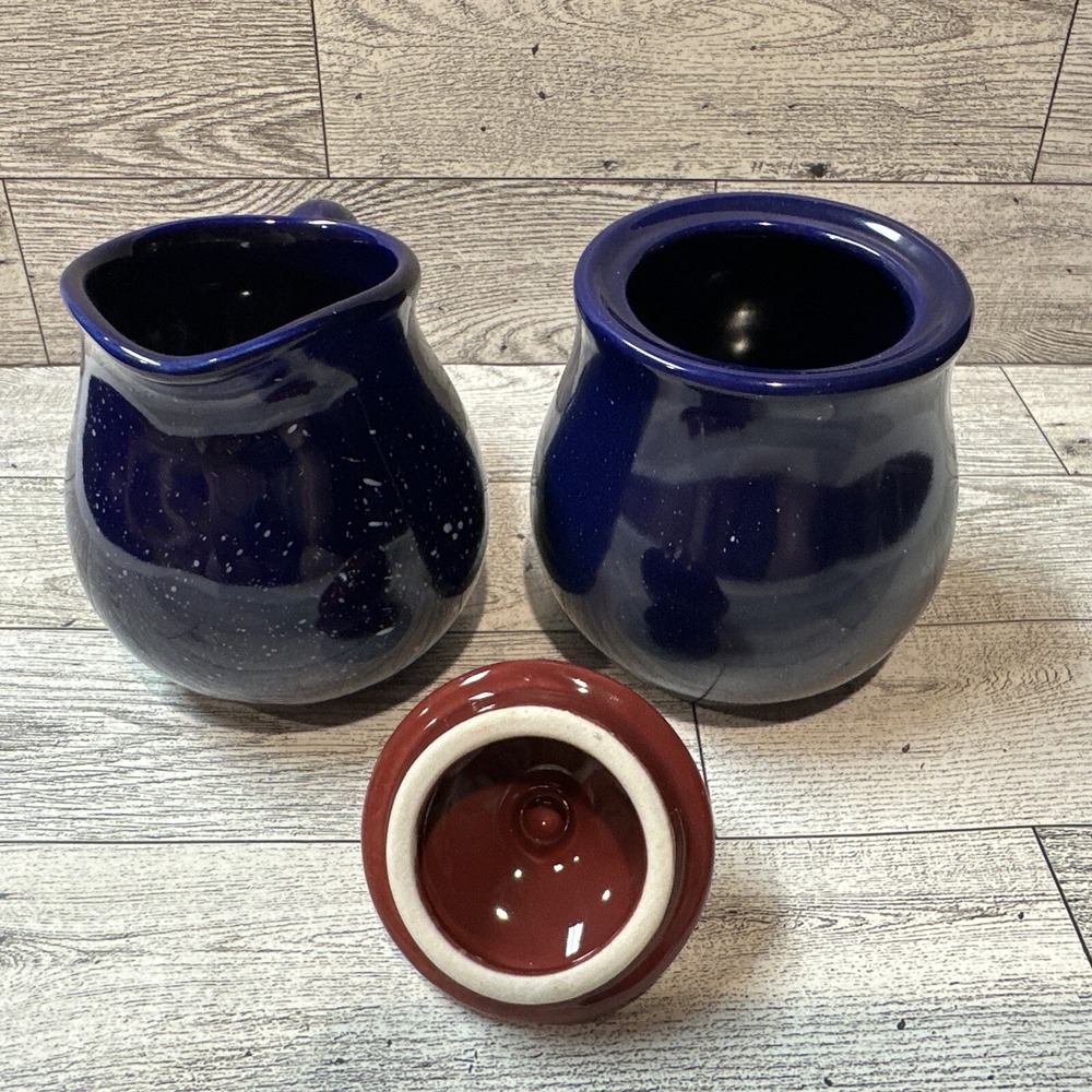Ceramic Cobalt Blue Cream & Sugar‎ Set w/ Maroon Lid & White Speckles - Picture 5 of 6